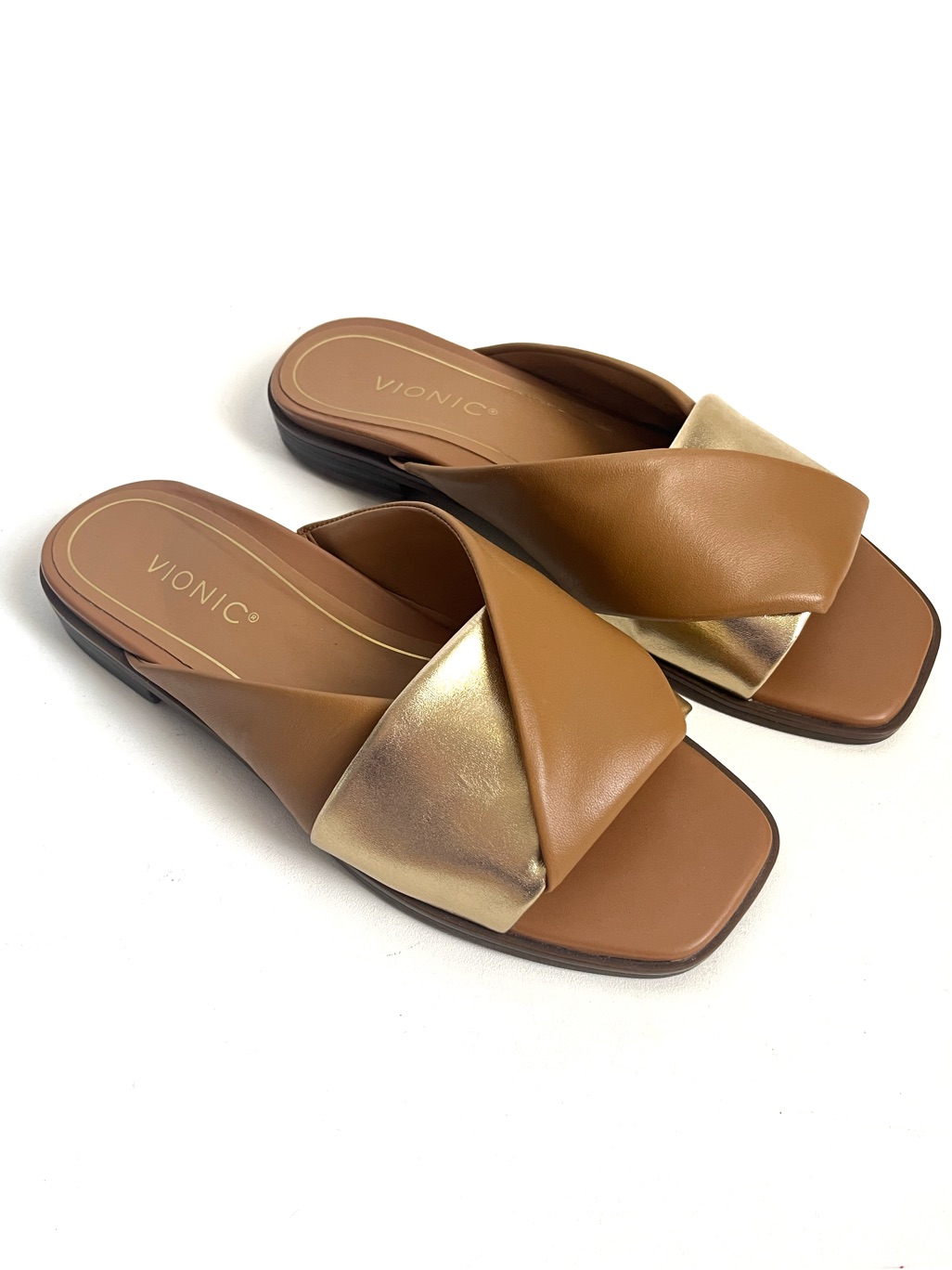 Vionic Tan Gold Leather Miramar Slide Sandals Size 8